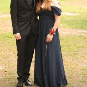 Navy Blue Drop Shoulder Slit Formal Dress